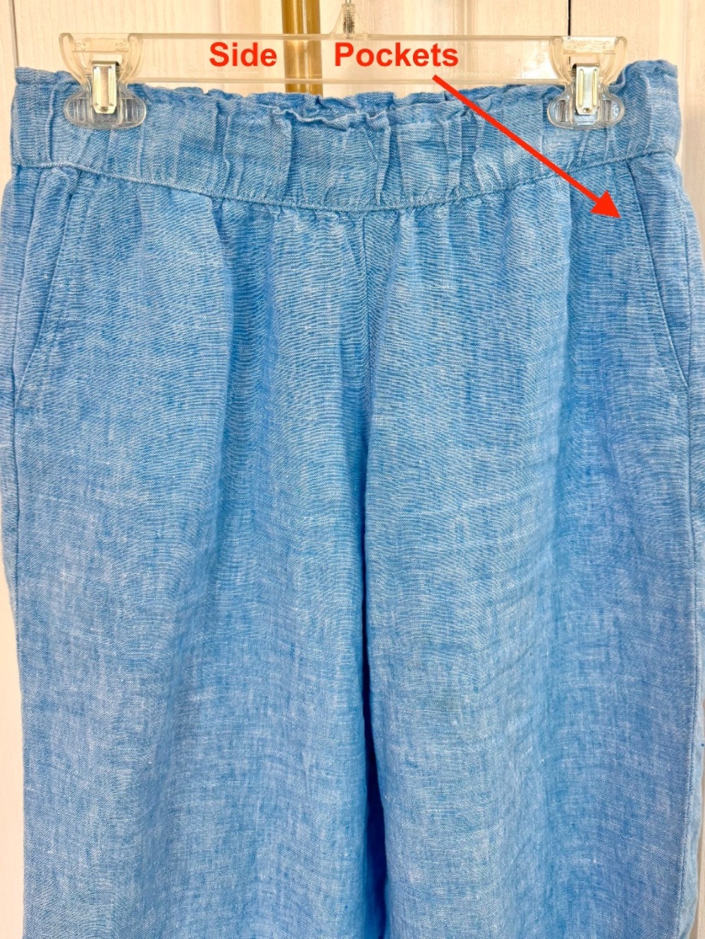 Women's Size S/P Talbots 100% Linen Capri's, Sky Blue, Pockets, Elastic Waist - Picture 2 of 5